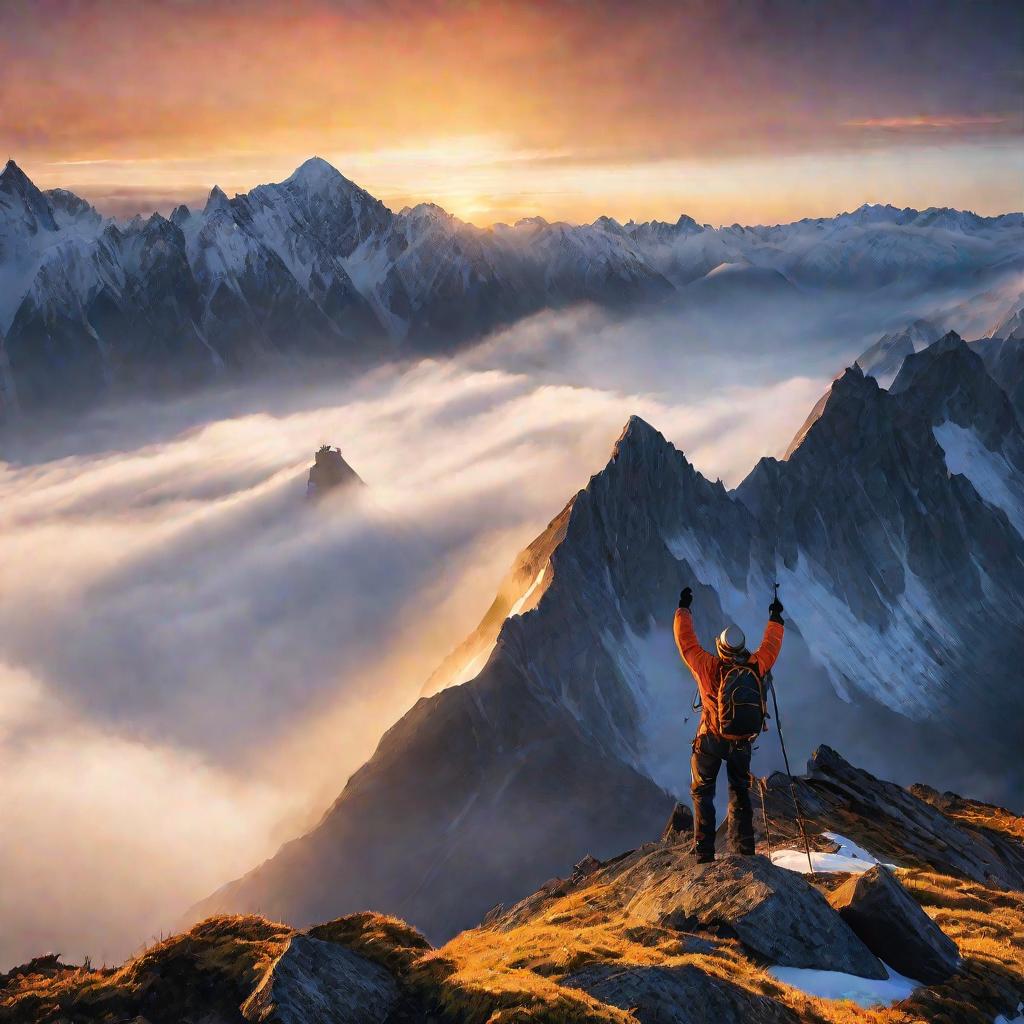 Альпинист на вершине горы на рассвете