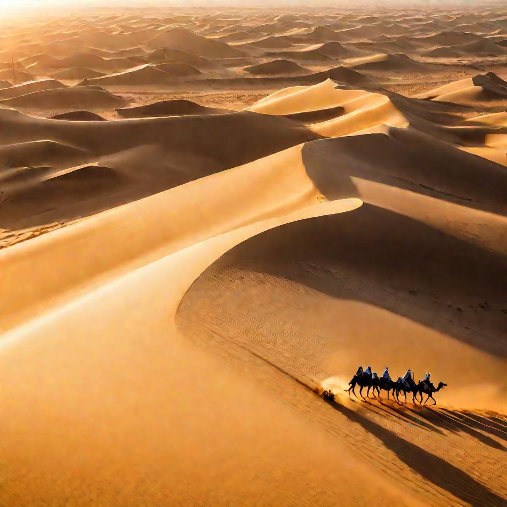 Караван купцов на верблюдах, лошадях и пеших идет по высоким барханам пустыни на закате солнца.