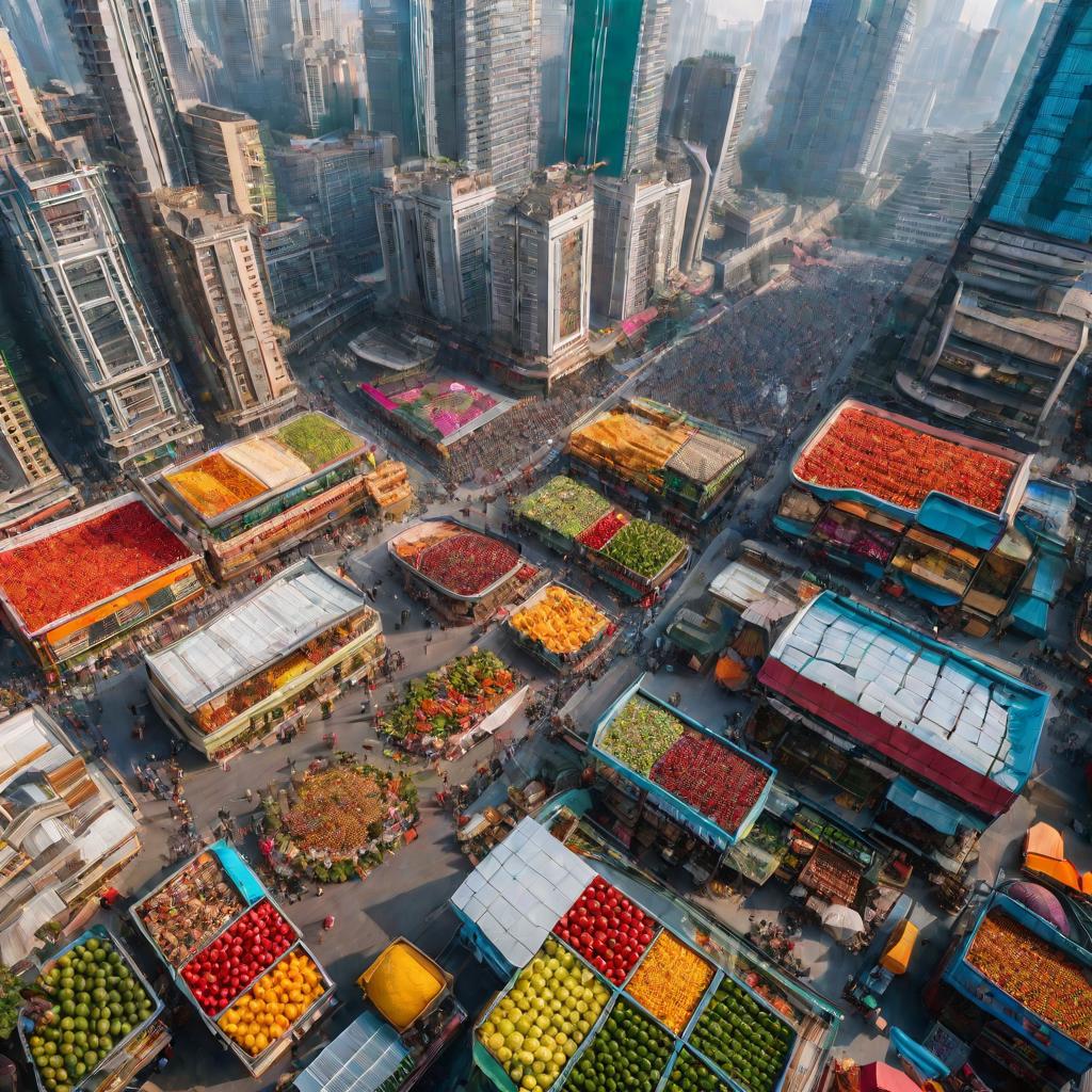 Сверху виден большой современный город с небоскребами, дорогами, стройками и маленьким рынком фруктов и овощей.