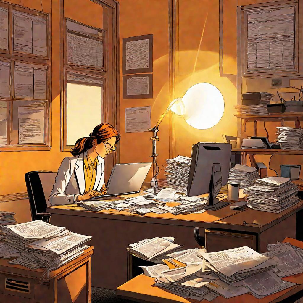 Женщина ищет пропавшее письмо, сидя за беспорядочным офисным столом поздно вечером
