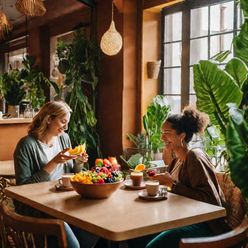 Беременная женщина в кафе ест фруктовый салат и слушает подругу