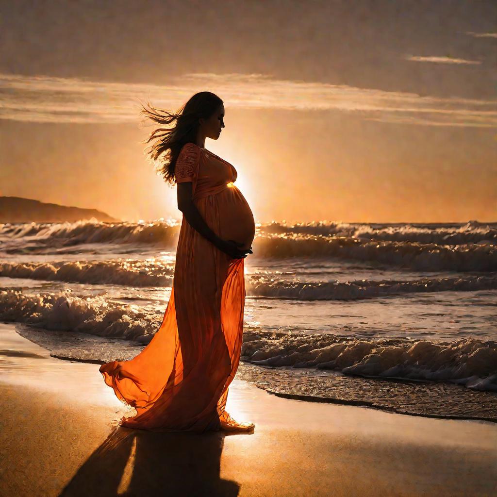 Беременная идет по пляжу на закате солнца
