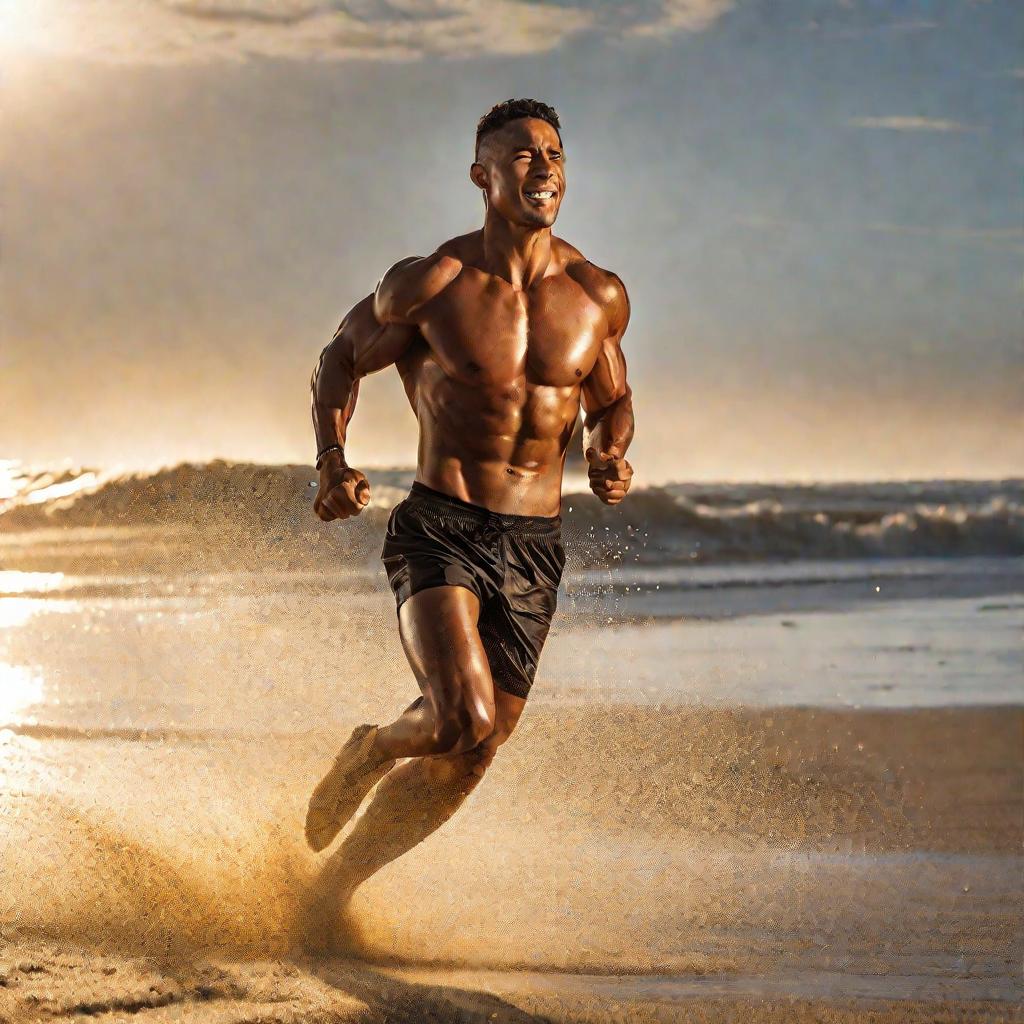 Мужчина бежит по пляжу на закате