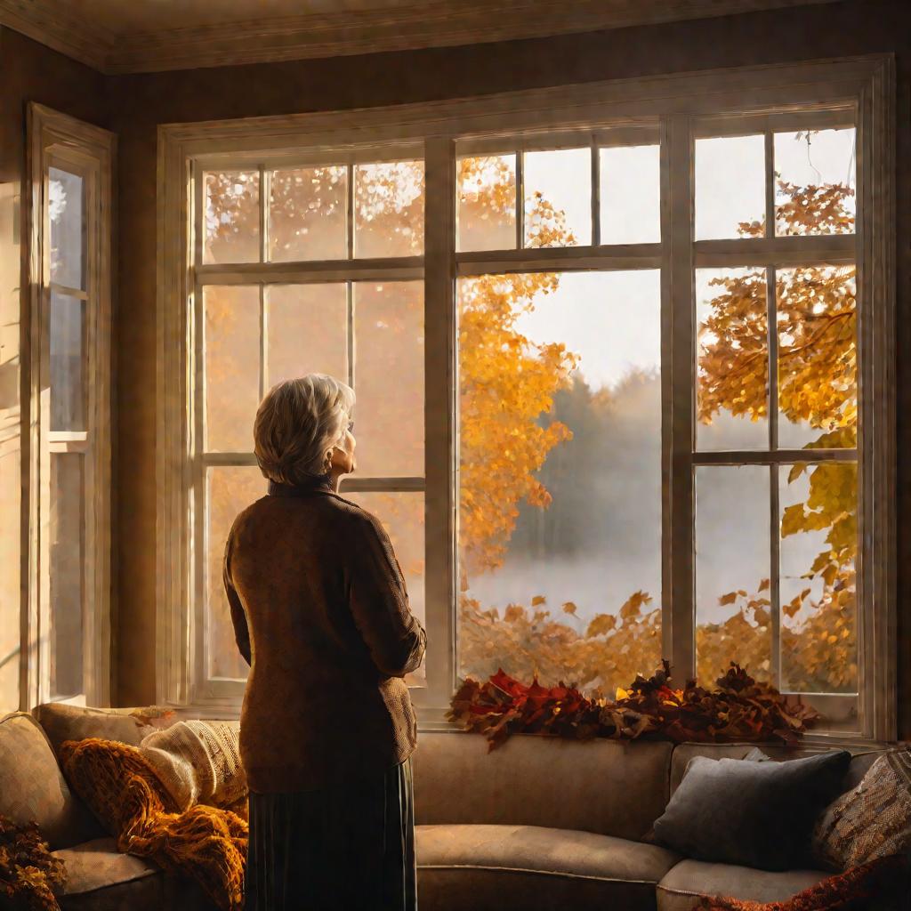 Женщина смотрит задумчиво в окно осенним туманным днем