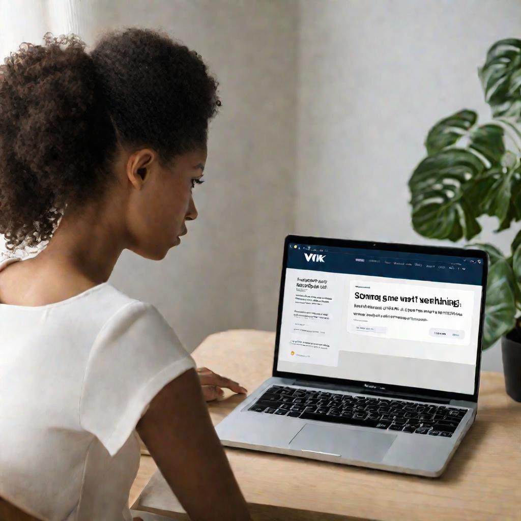 Девушка смотрит на неработающие сообщения ВК на ноутбуке