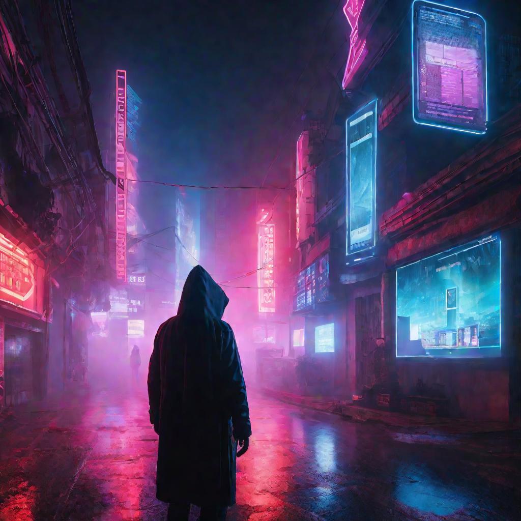 Ночной город, фигура смотрит на ошибку сети в сообщениях ВК
