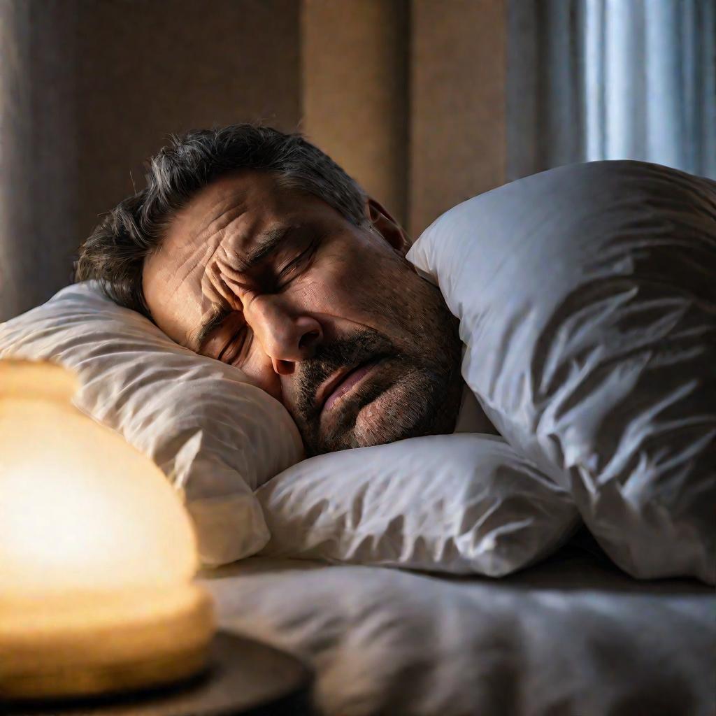 Мужчина морщится от боли в шее после сна на двух подушках