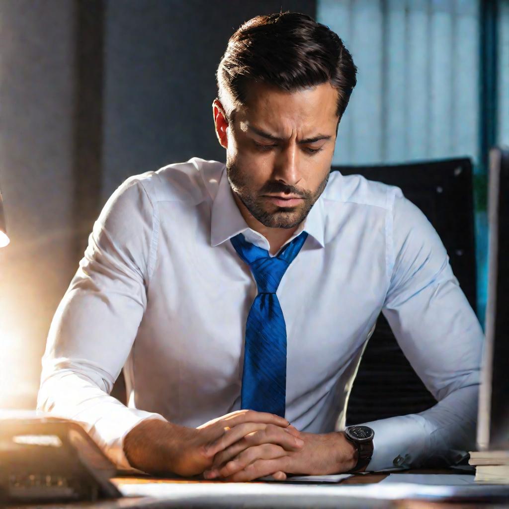 Портрет обеспокоенного мужчины за компьютером в офисе