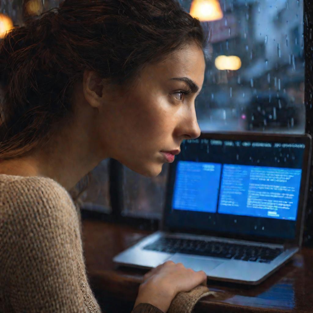 Девушка смотрит на синий экран смерти ноутбука