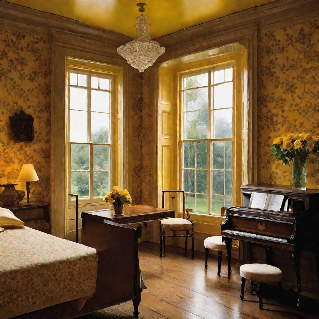Вид комнаты в дождливый день, теплый желтый свет освещает обои и антикварную мебель, форточка в окне открыта наполовину, пропуская свежий воздух внутрь и защищая комнату от намокания