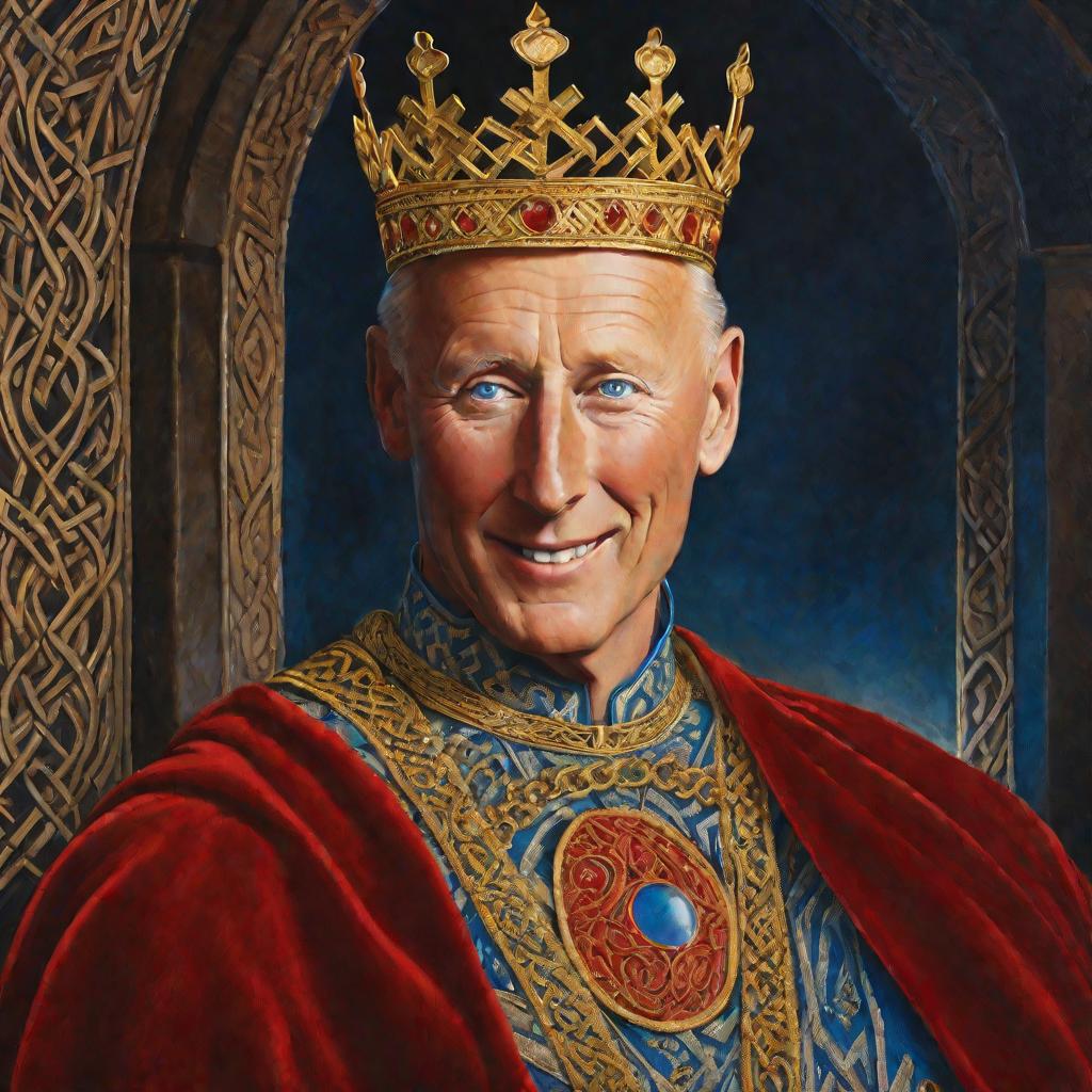 Портрет короля Харальда Синезубого в короне и пышной одежде в тусклом свете свечей в замке.
