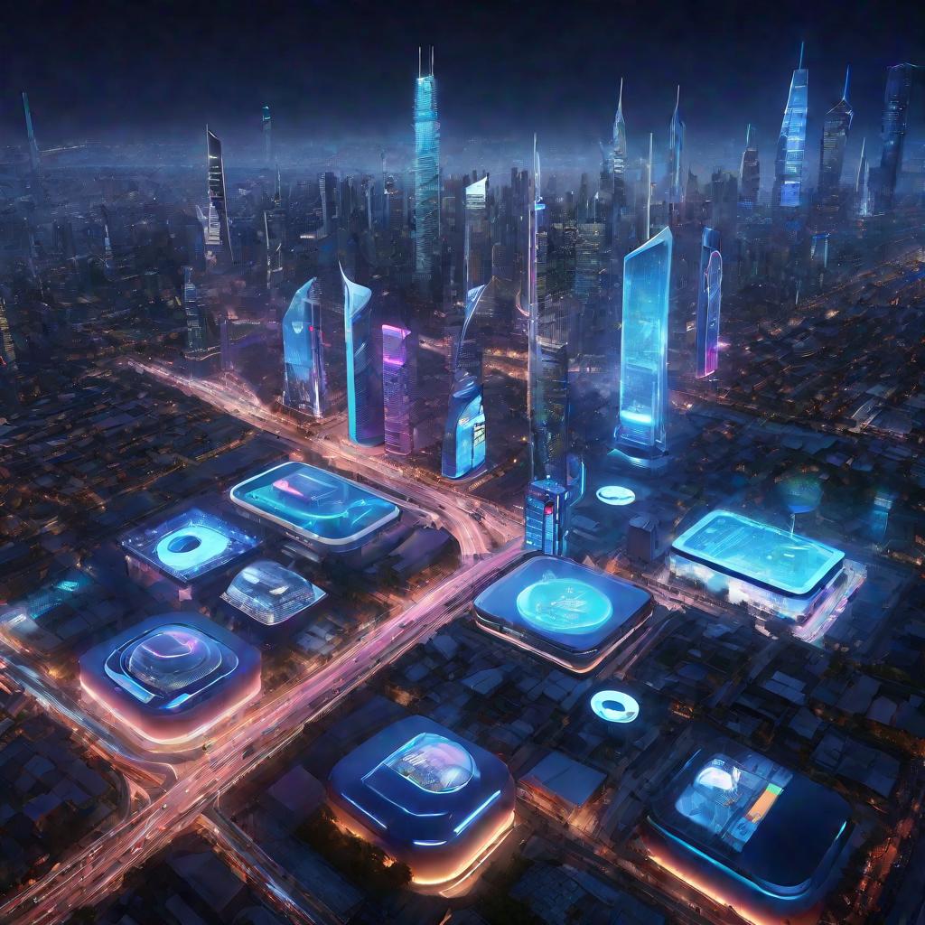 Широкий устанавливающий вид городского пейзажа в синем освещении сверху на футуристический город будущего с самоуправляемыми электрическими автомобилями и высокотехнологичными неоново подсвеченными стеклянными небоскребами и голографическими светящимися р