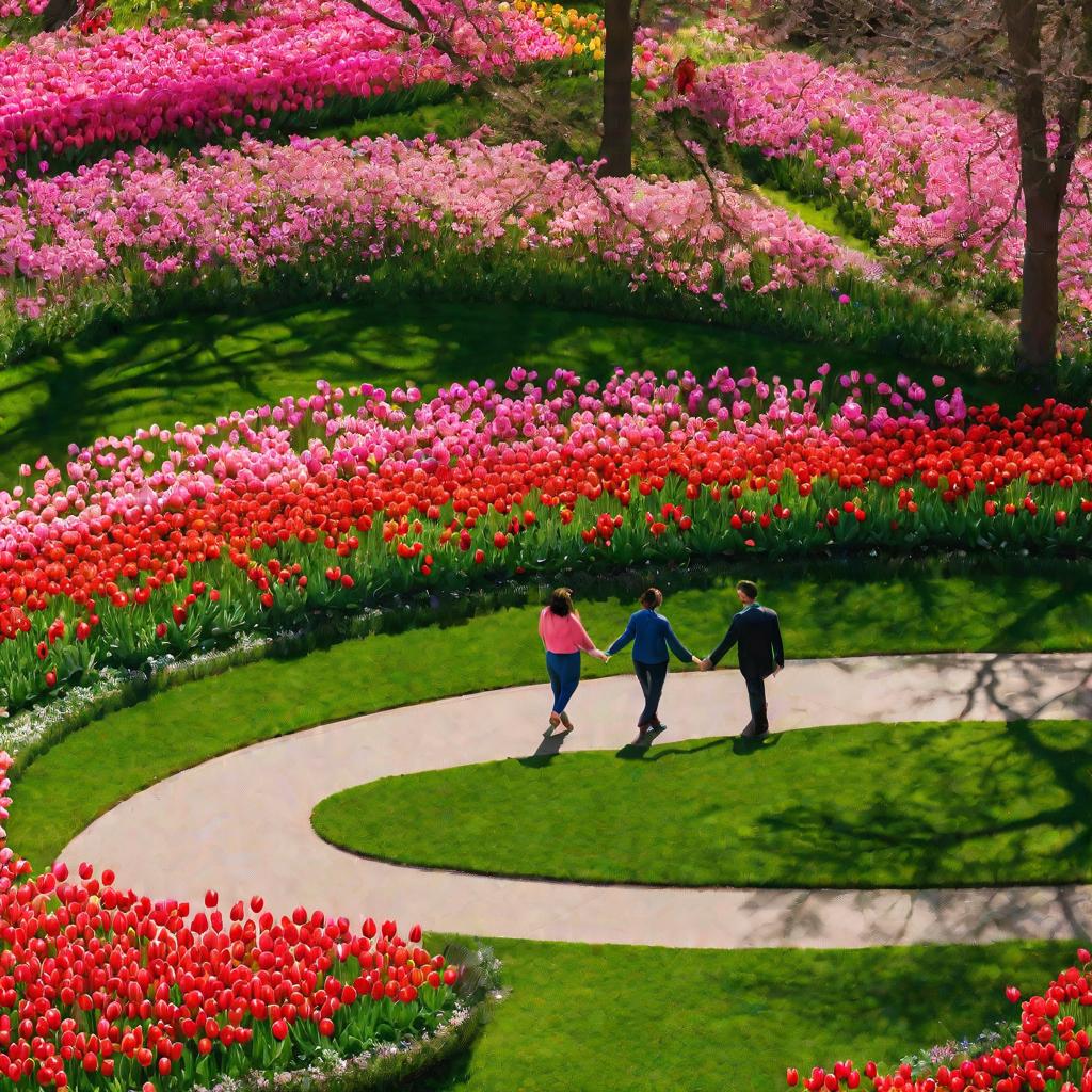 Пара гуляет по парку, держась за руки, вокруг цветут тюльпаны