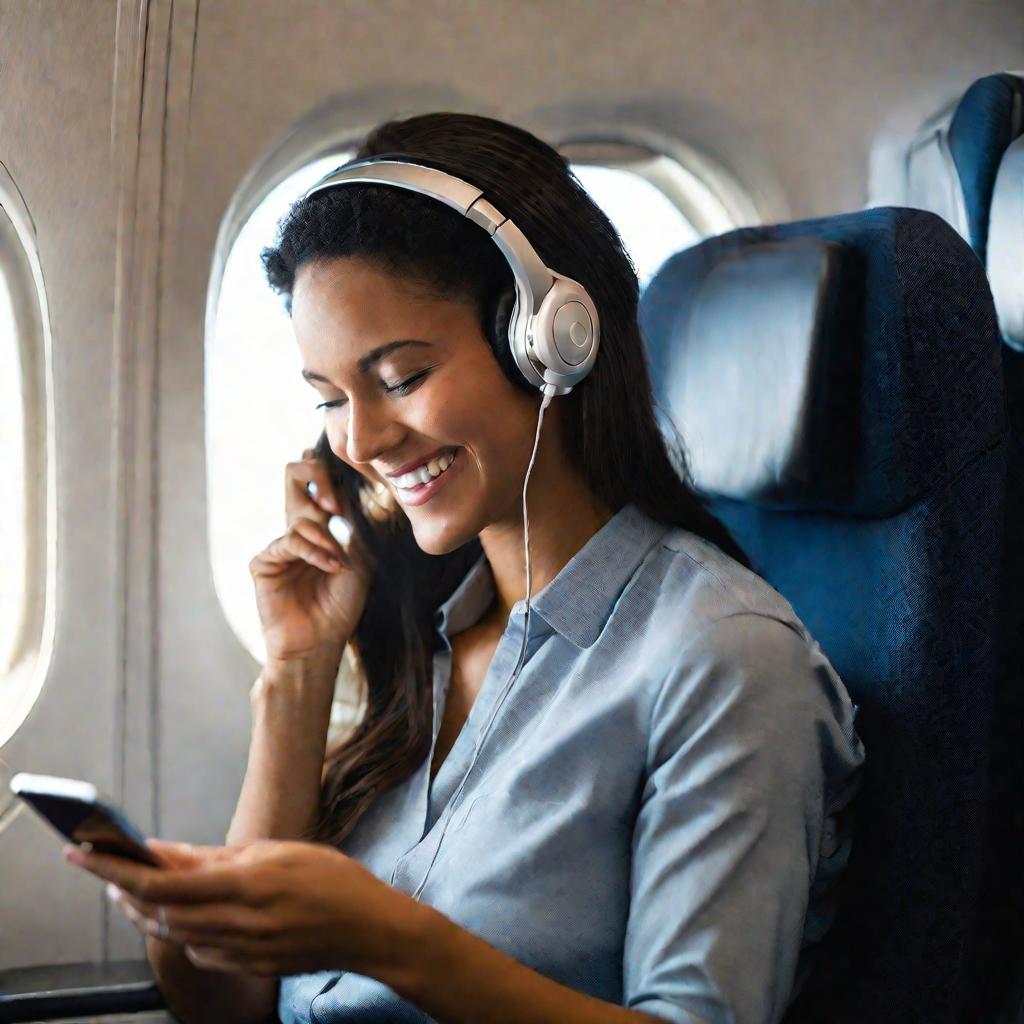 Крупный портрет улыбающейся женщины, использующей мобильный телефон и сидящей на самолетном сидении у окна