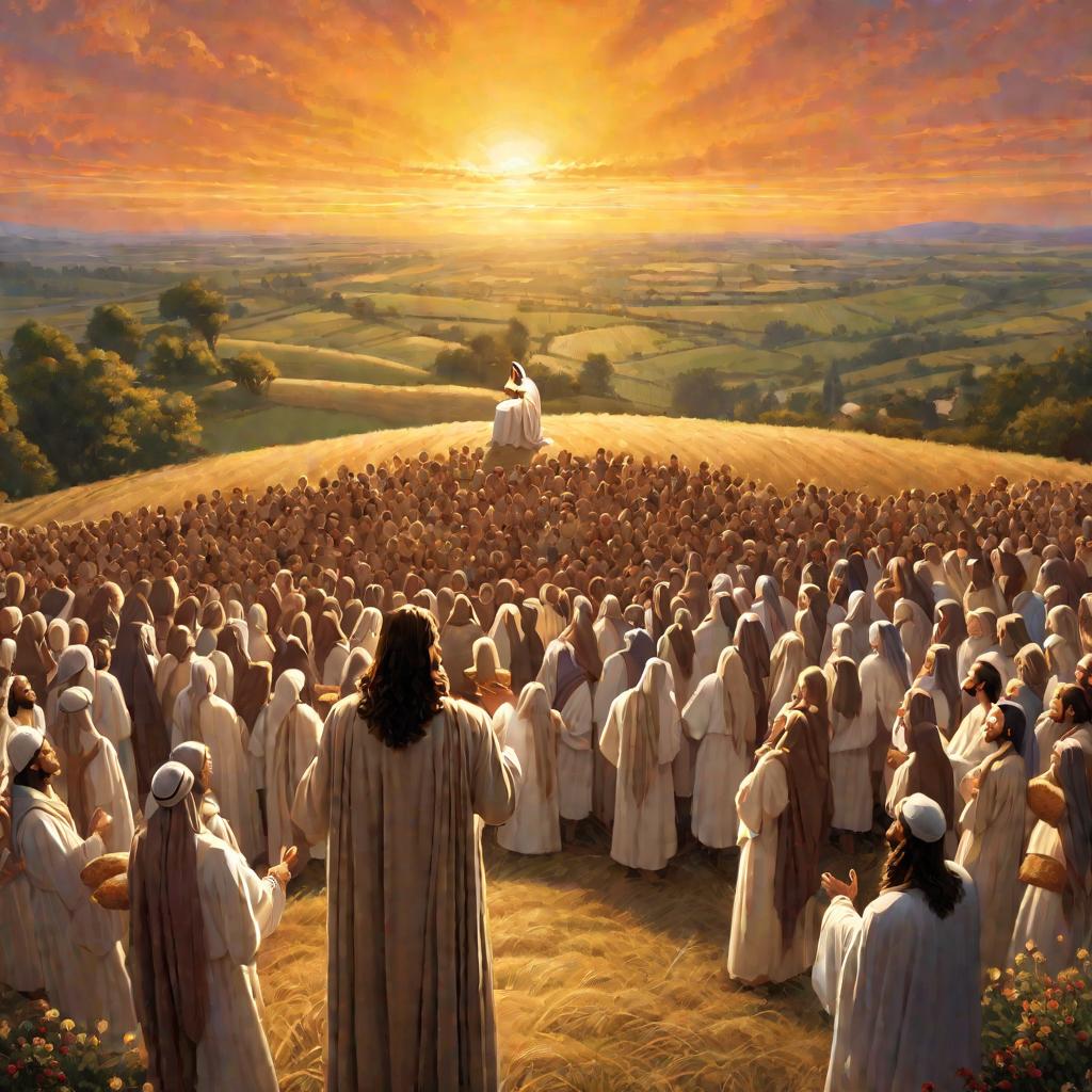Иисус проповедует перед толпой, ученики позади