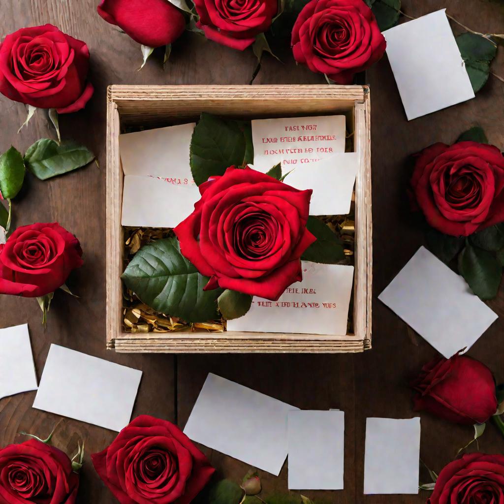 Стол с коробкой, полной записок, и красными розами