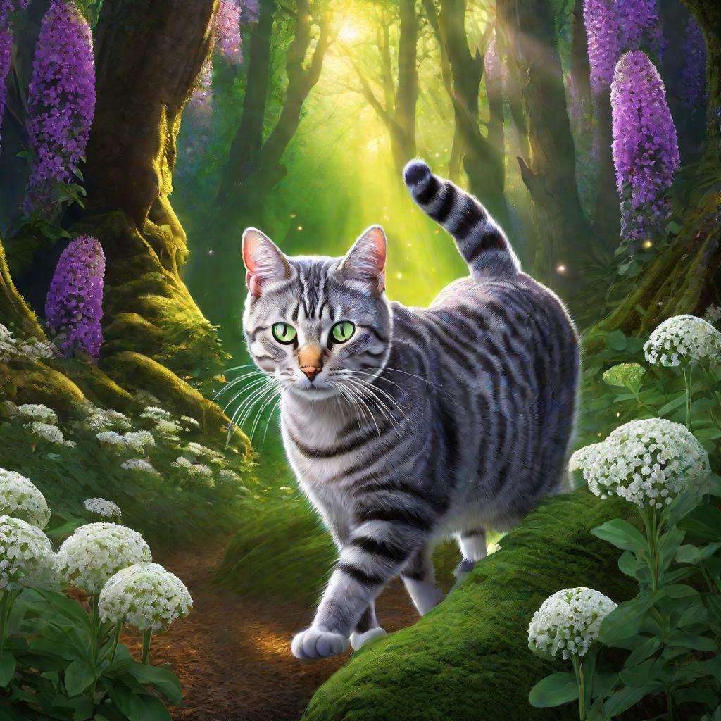Серебристый кот в волшебном лесу с валерианой