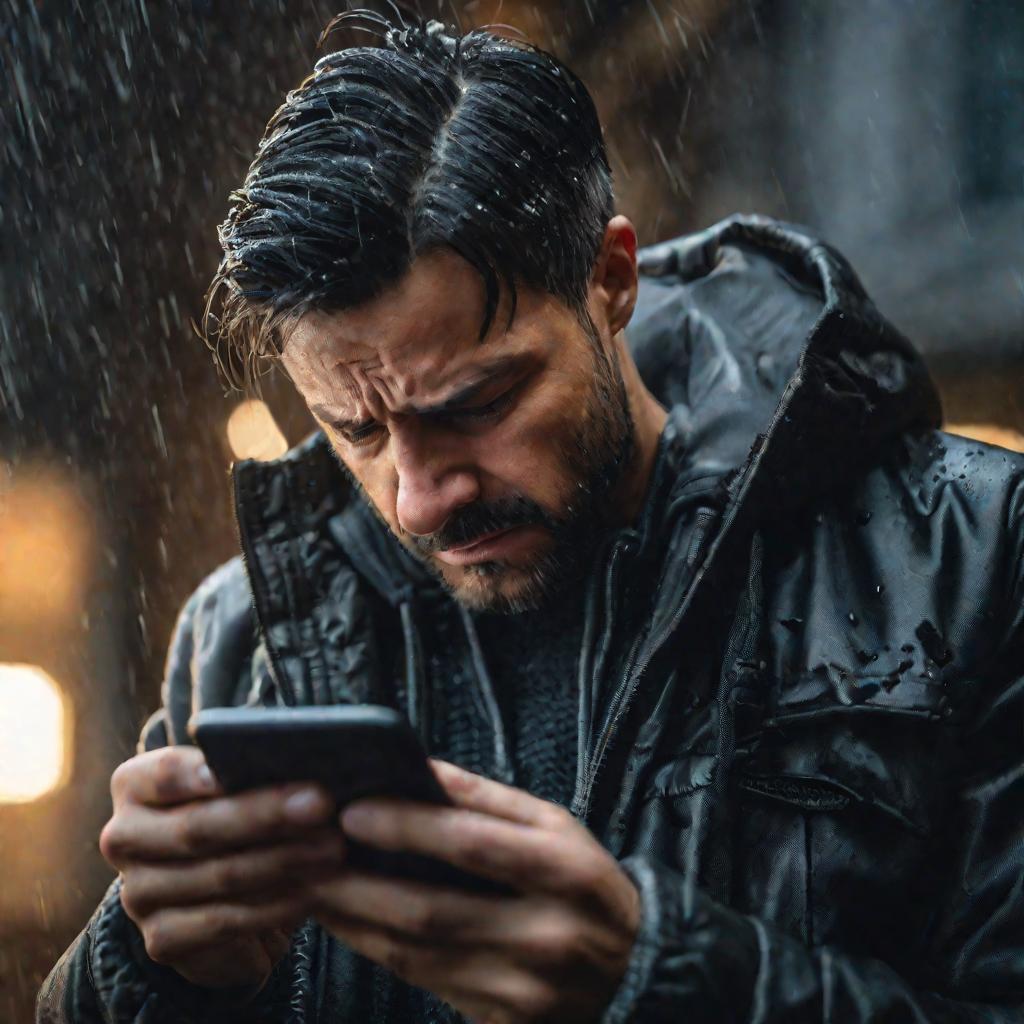 Отчаявшийся мужчина смотрит на телефон, где сообщение об ошибке карты памяти