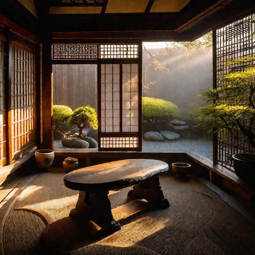 Утро в саду чайного домика в традиционном японском стиле