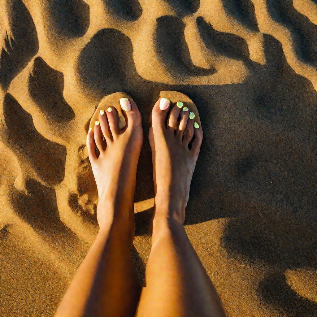 Ноги с желтыми ногтями на пляже