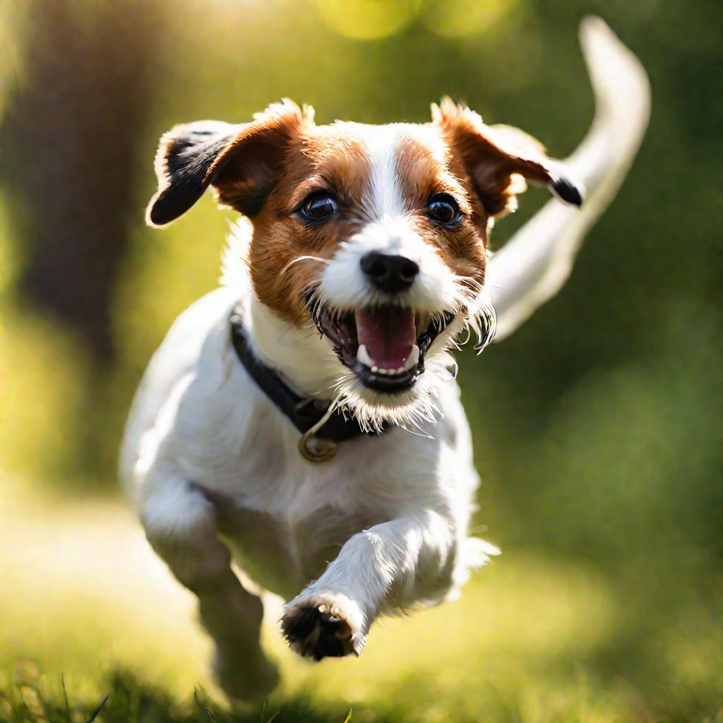 Портрет джек-рассел терьера, бегущего и прыгающего на улице в солнечный летний день