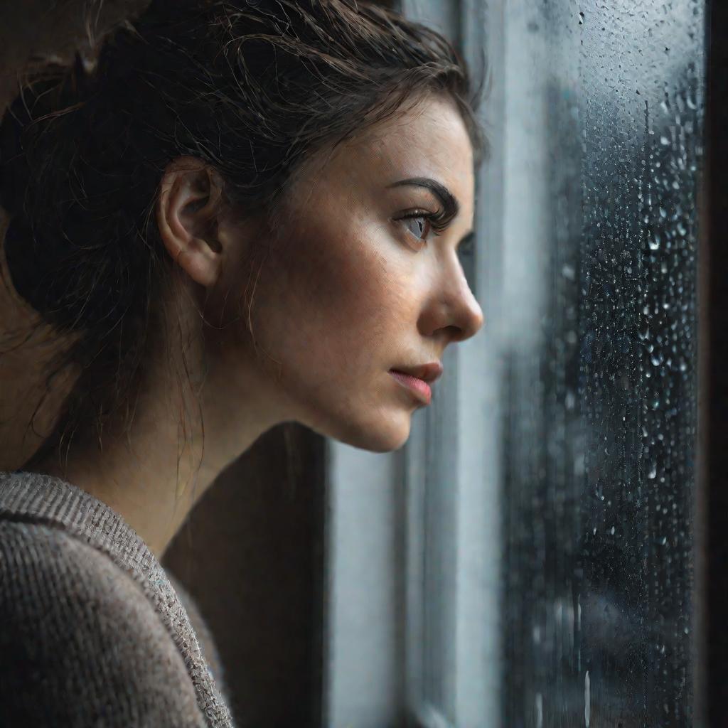 Девушка смотрит в окно задумчиво