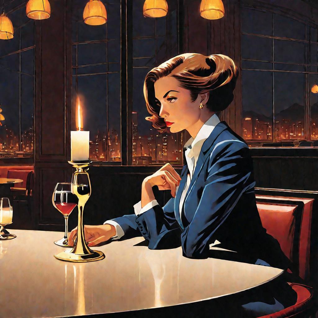 Одинокая бизнесвумен ждет свидания в ресторане