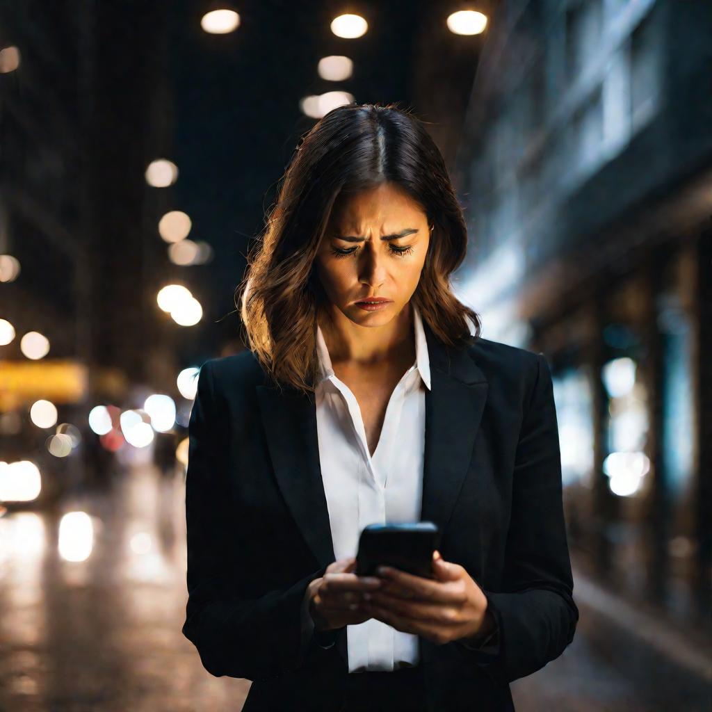 Женщина смотрит в телефон без сигнала
