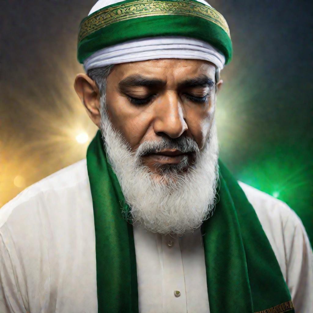 Портрет пожилого мусульманина с бородой, который молится с закрытыми глазами в белой шапочке и зеленом шарфе. Размытый фон.