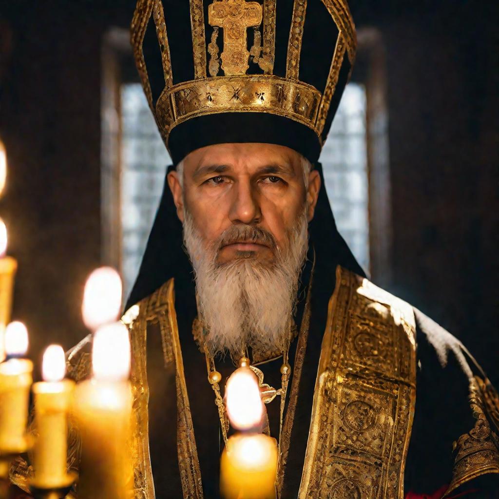 Портрет православного священника в облачении с крестом и свечами.