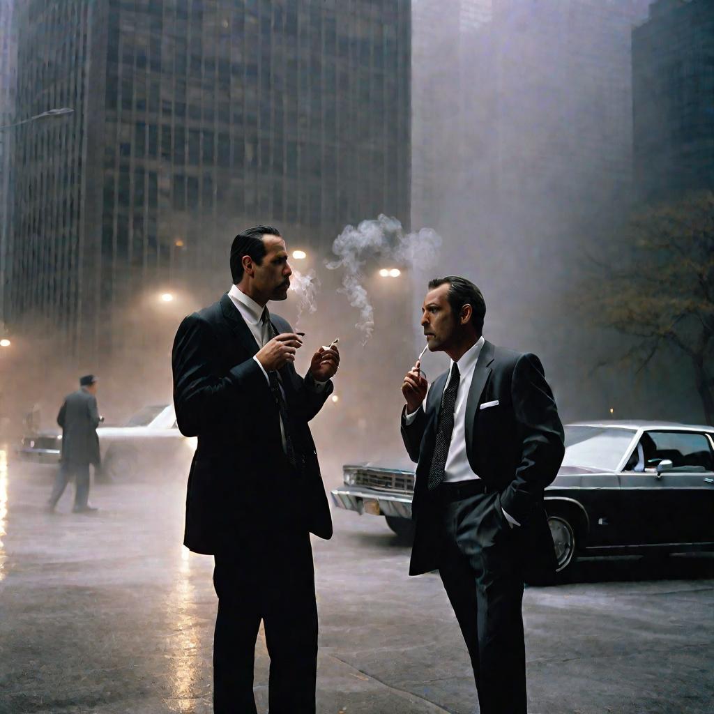 Двое мужчин в деловых костюмах курят и разговаривают на улице возле офисных зданий