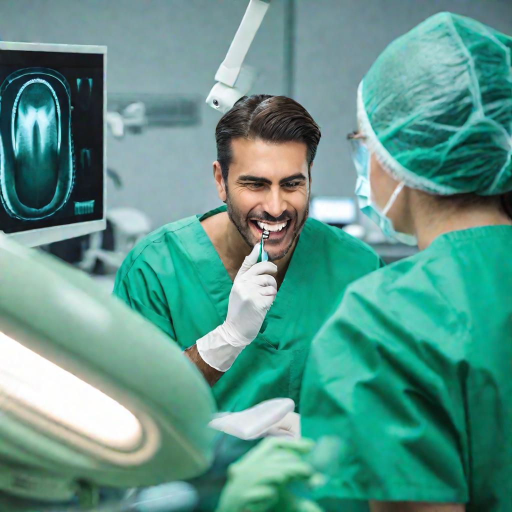 Стоматолог в зеленой медицинской одежде осматривает передние зубы пациентки в ярко освещенном современном кабинете