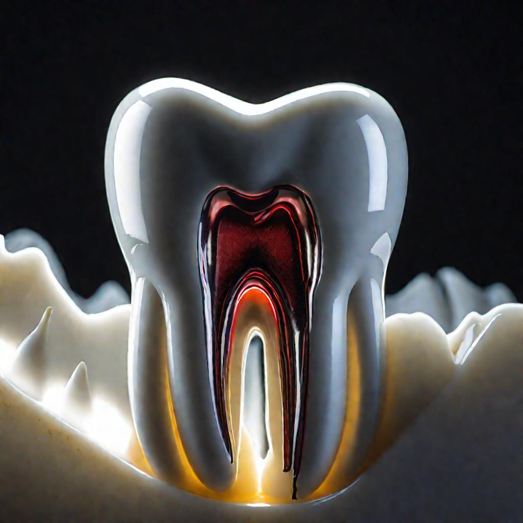 Крупным планом треснувший зуб с оголившимся дентином в драматичном боковом освещении