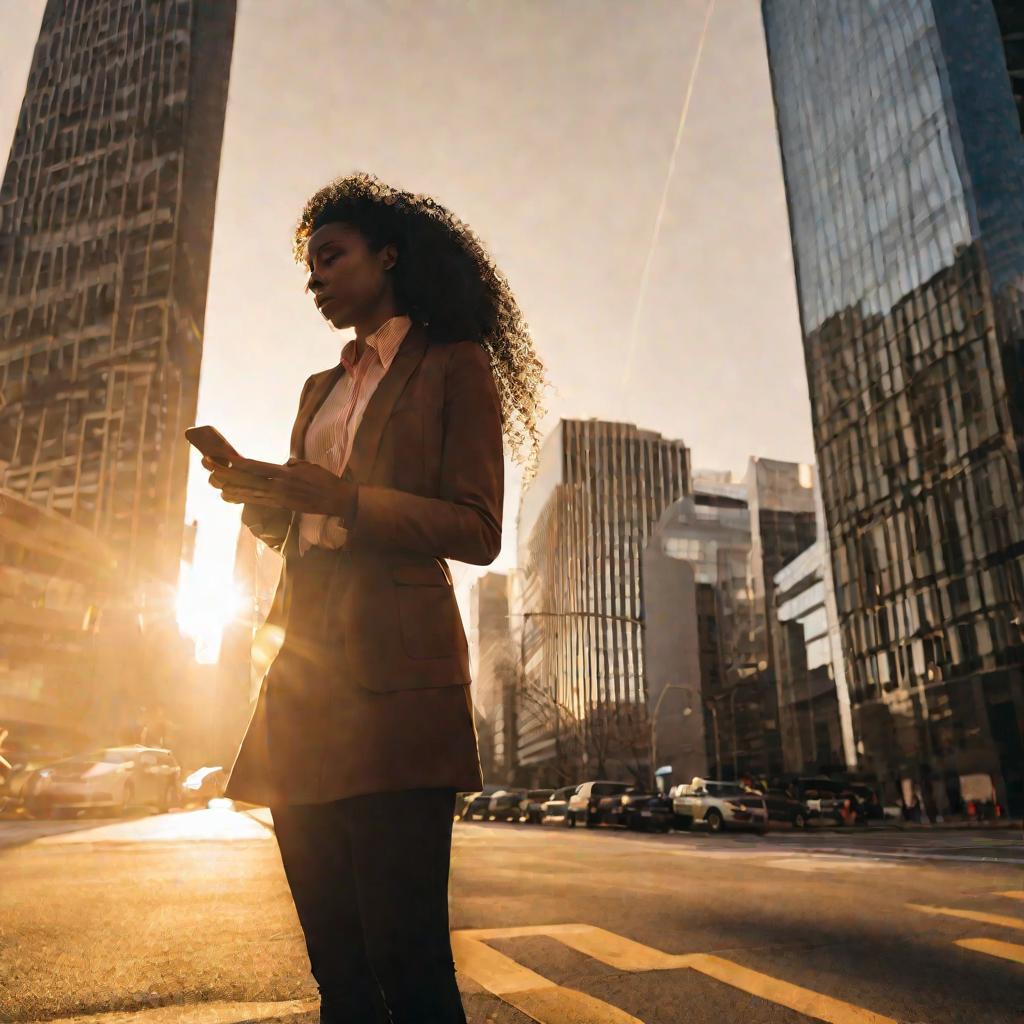 Женщина с ошибкой мобильной связи на фоне городского пейзажа на закате