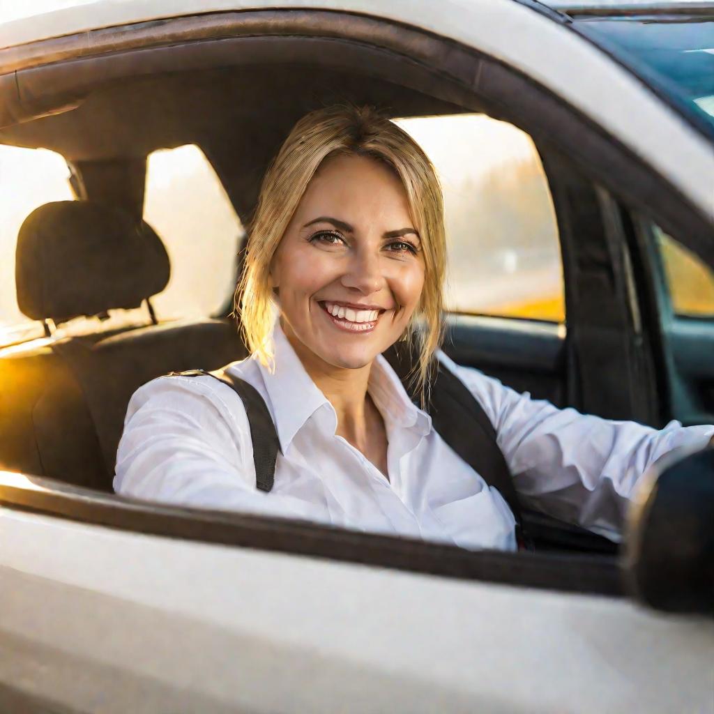 Водительница Яндекс Такси улыбается за рулем во время поездки по шоссе