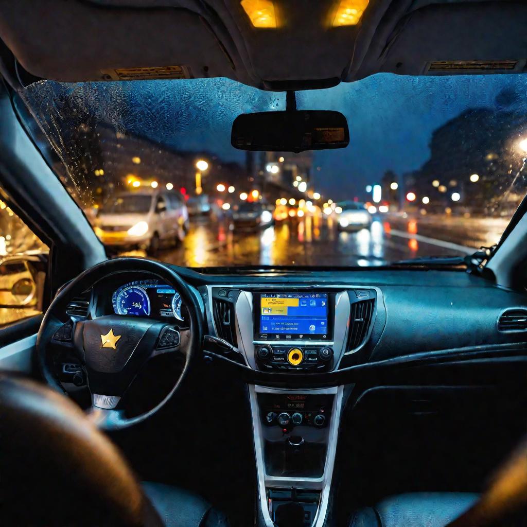 Вид из салона комфортабельного автомобиля Яндекс Такси едущего по ночной улице