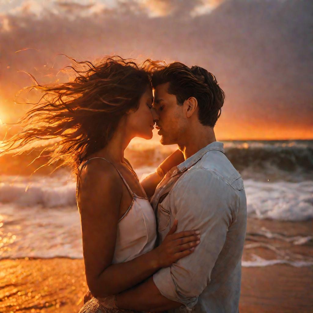 Привлекательная молодая пара страстно целуется на пляже на закате, крепко обнимая друг друга, в то время как за ними разбиваются волны. Драматичное оранжевое освещение, интимный крупный план, расслабленные позы, развевающиеся на ветру волосы и одежда, дем