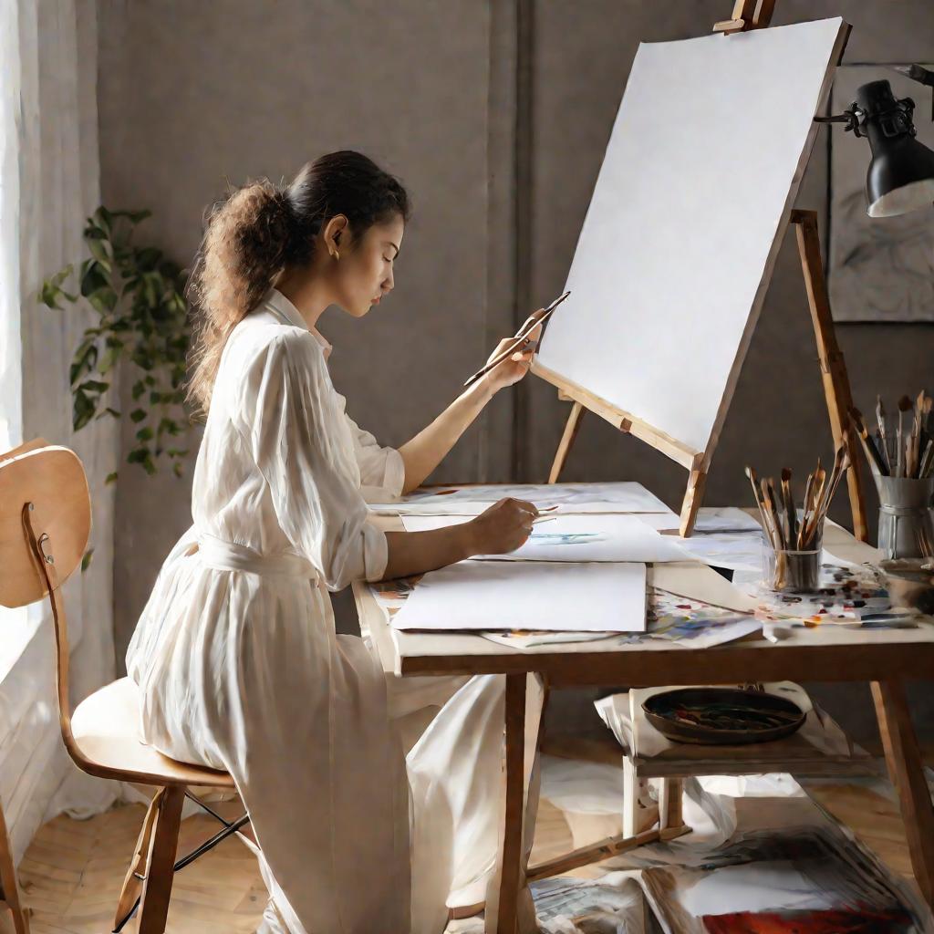 Девушка рисует за мольбертом, выражая эмоции после расставания в творчестве