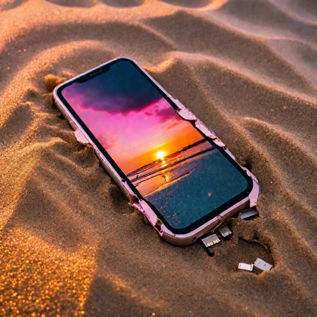 Сломанный смартфон на пляже