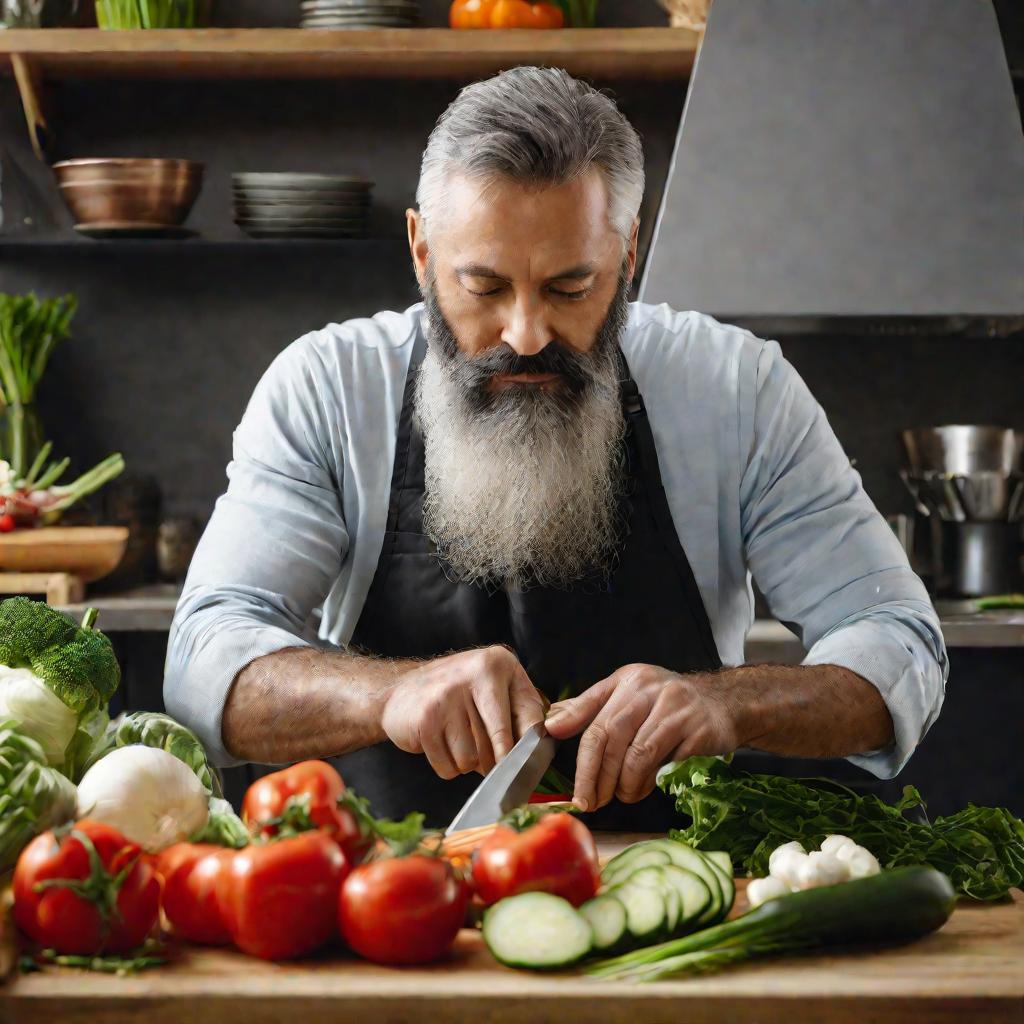 Крупный план зрелого бородатого мужчины на кухне спокойно и умело нарезающего овощи для приготовления еды, демонстрирующий его хозяйственные навыки и самостоятельность