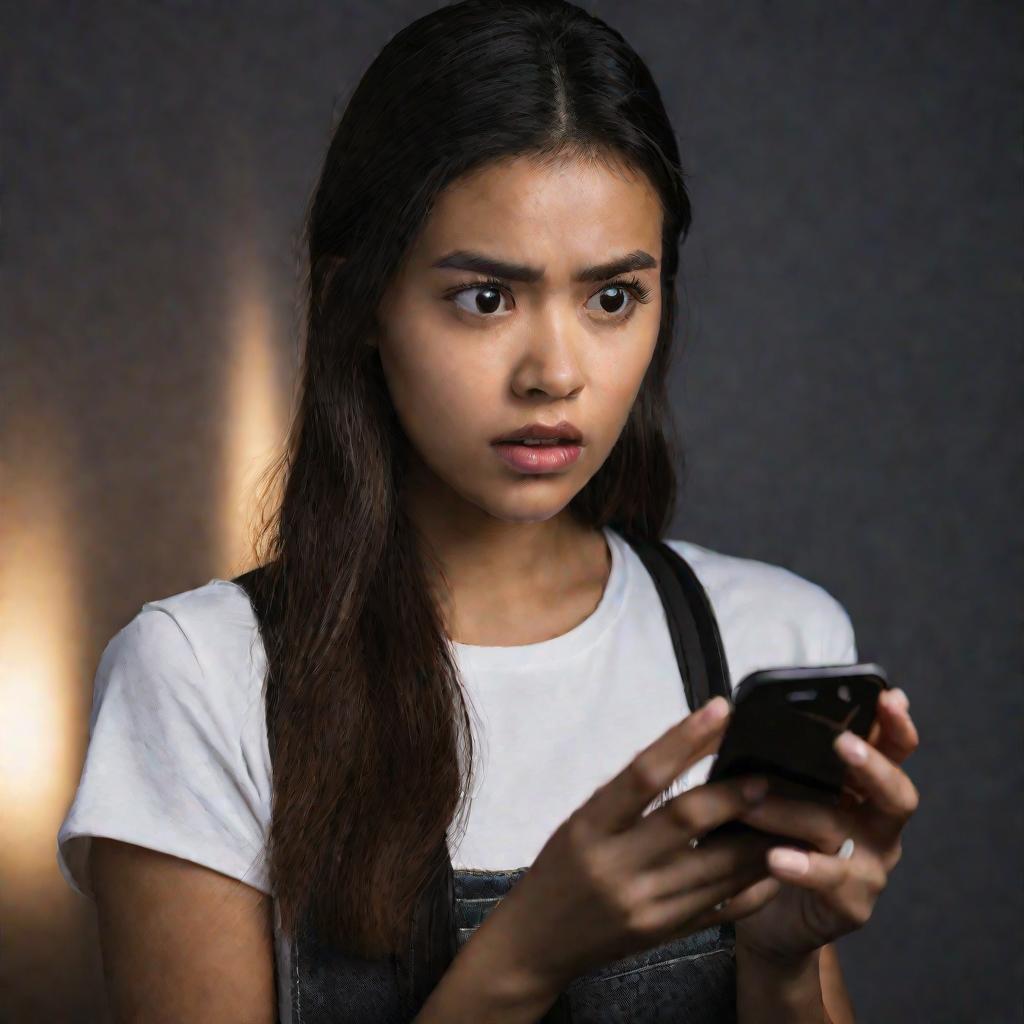 Портрет молодой обеспокоенной женщины с айфоном с темным экраном