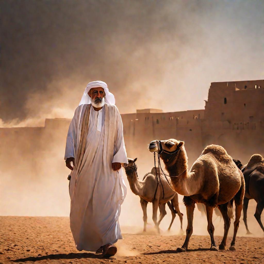 Портрет арабского пастуха на верблюде на фоне древнего города