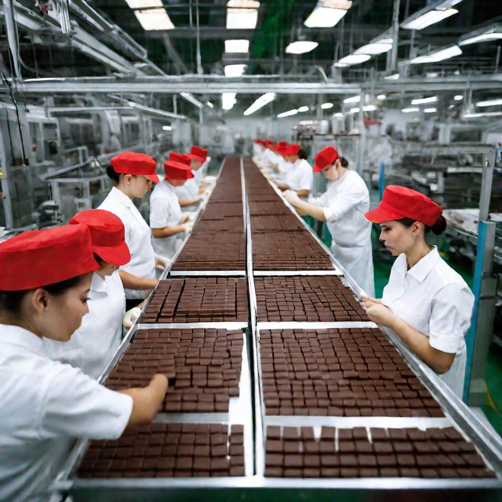 Вид сверху на конвейер шоколадной фабрики по производству шоколадных батончиков, похожих на КитКат, которые упаковывают рабочие в спецодежде.
