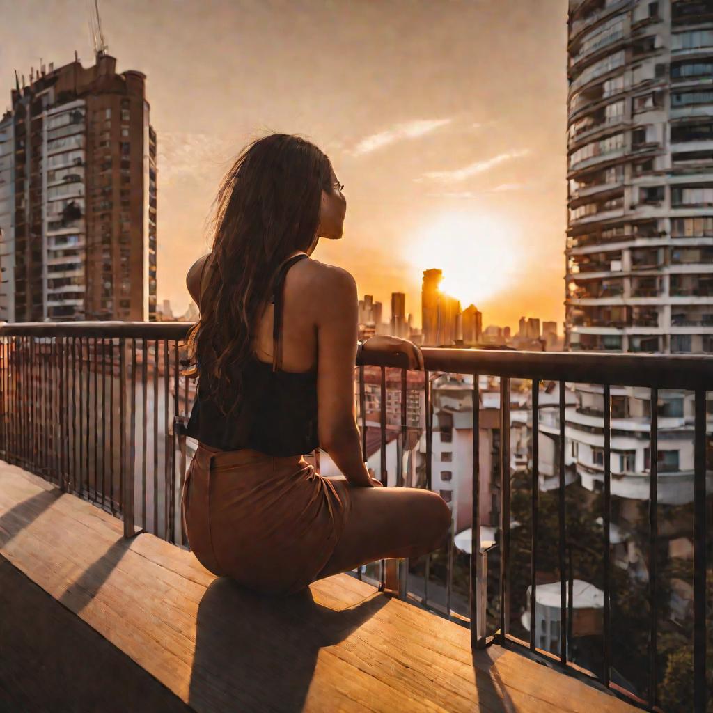 Женщина сидит на балконе на закате