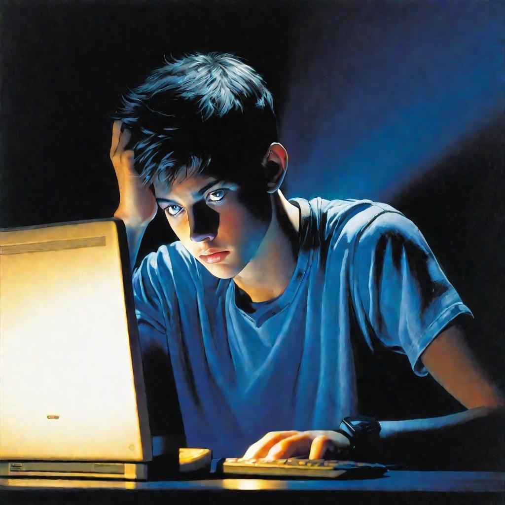 Подросток у компьютера в темной комнате