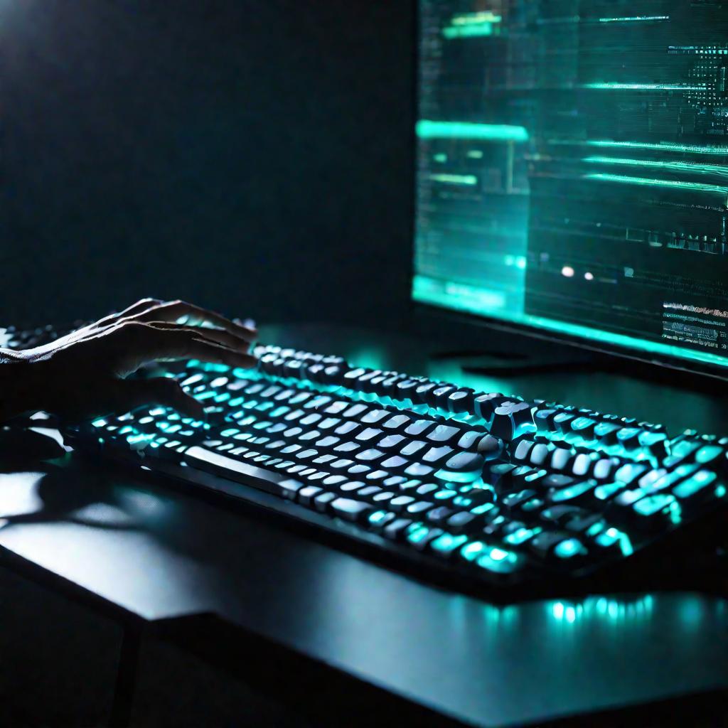 Дві руки швидко набирають текст на підсвіченій клавіатурі комп'ютера в темній кімнаті