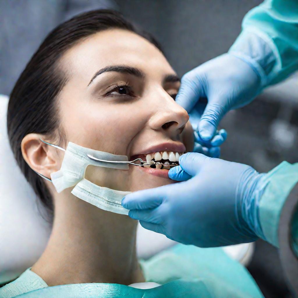 Стоматолог проводит шинирование сильно расшатанных передних зубов специальной конструкцией