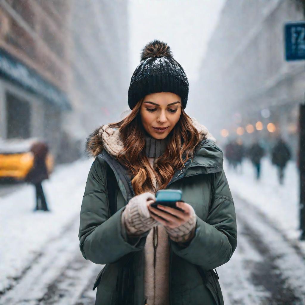 Женщина на улице использует телефон с приложением ВК