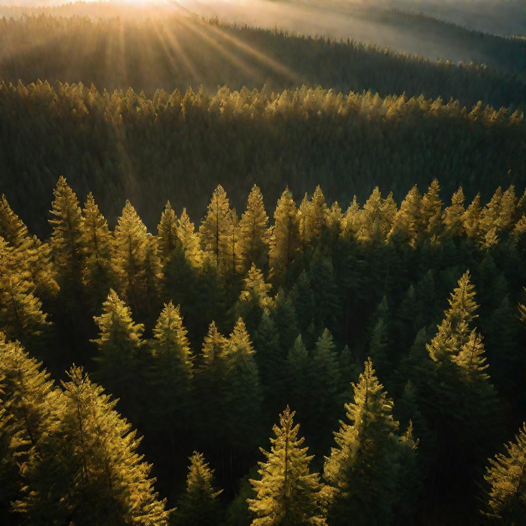 Солнечные лучи светят сквозь сосновый лес