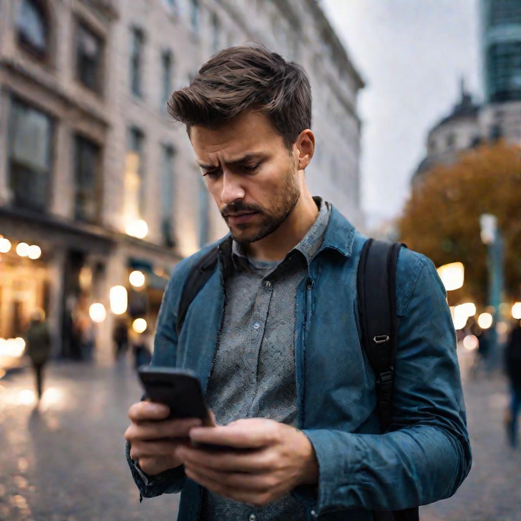 Мужчина смотрит на смартфон, где пропал интернет